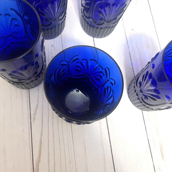 Rare Baroque Revival Cobalt Blue Pressed Glass Tumblers MCM Portuguese Style (6) - Picture 6 of 10